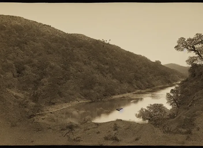 Image similar to Overlook of a river and chaparrals with sparse catci, albumen silver print by Timothy H. O'Sullivan.