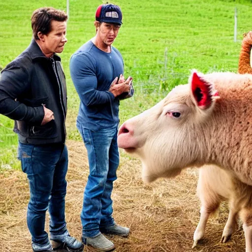 Image similar to mark wahlberg and andy samberg talking to farm animals