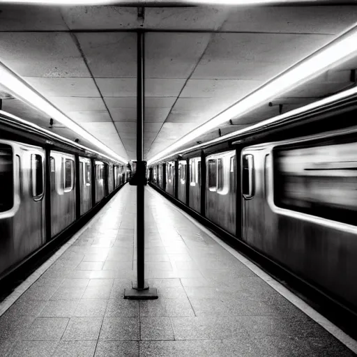 Image similar to a photo of a subway station without pillars nor benches, on either side, there are two trains speeding parallel to each other, 70mm lens, slow shutter speed, f/4, 41mm focal length, ISO 200, 4k, dramatic contrasting light, cinematic lighting, vanishing point, centered composition