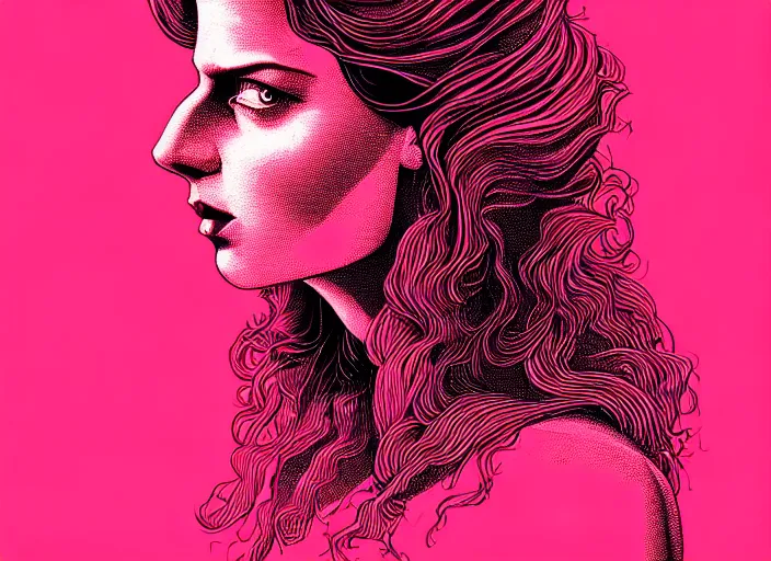 Prompt: portrait of a long haired heroine drinking coffee,vivid, Mads Berg, Karolis Strautniekas, dramatic lighting,film grain, editorial illustration, detailed, gradation, dynamic composition,moody, cinematic,extreme perspective,bright colors, art deco illustration, stippled shading, risograph
