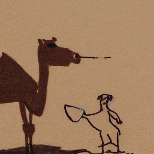 Prompt: Child drawing of camel sipping tea on the desert