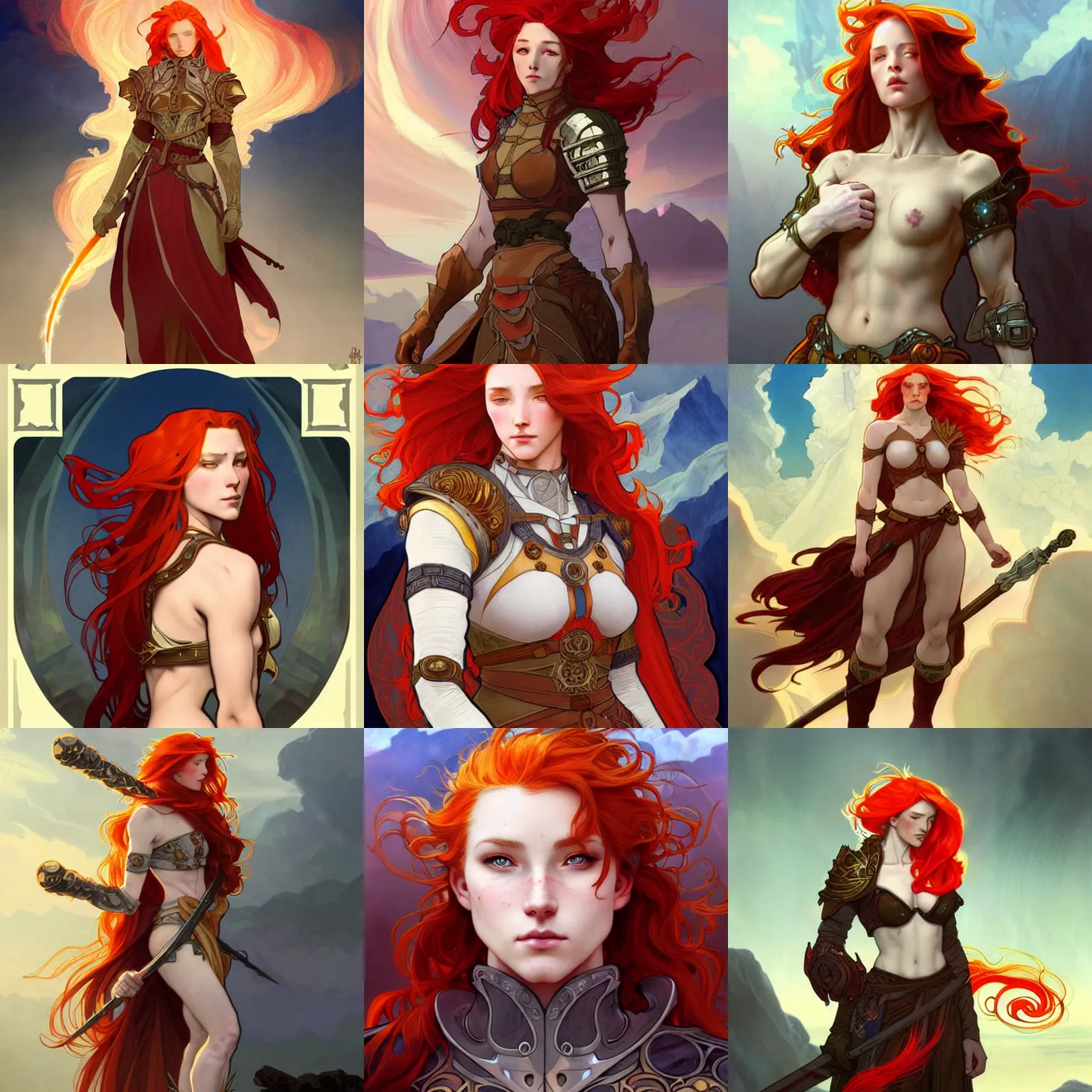 Image similar to a beautiful fire wizard with fire red hair, freckles. wearing armor inspired by alphonse mucha with an exposed midriff, standing on a mountain top with epic clouds and volumetric lighting. intricate illustration and highly detailed digital painting. concept art by artgerm. inspired by brom art and larry elmore.