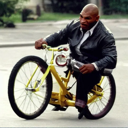 Image similar to mike tyson riding very very small bike