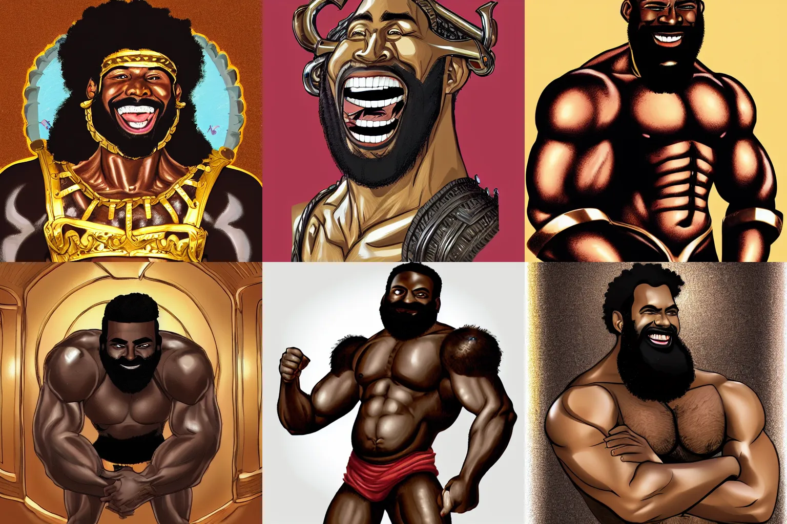Prompt: brown skin man with a giant grin, thick black beard, wild black hair, bulging muscles, shiny plain bronze metal armour. mspaint. vivid colours.