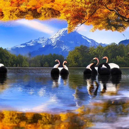 Image similar to photo of two black swans touching heads in a beautiful reflective mountain lake, a colorful hot air balloon is flying above the swans, hot air balloon, intricate, 8k highly professionally detailed, HDR, CGsociety