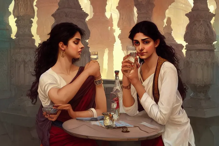 Image similar to Anxious good looking pale young Indian doctors drinking, portrait, elegant, intricate, digital painting, artstation, concept art, smooth, sharp focus, illustration, art by artgerm and greg rutkowski and alphonse mucha