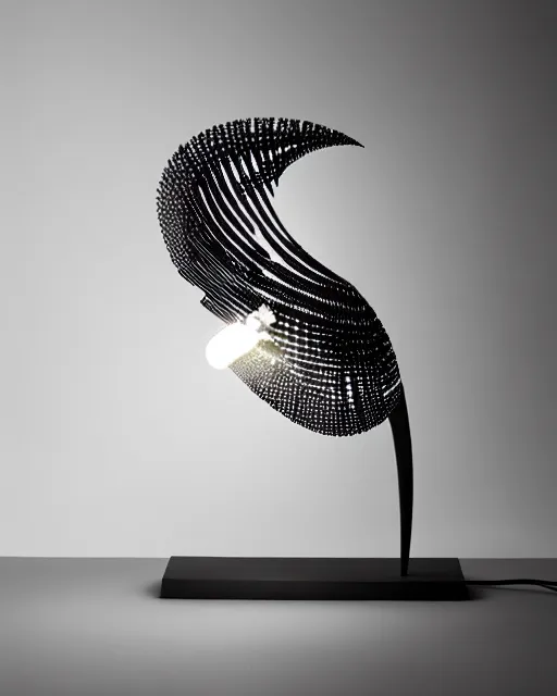 Prompt: table lamp designed by iris van herpen, advertising photography