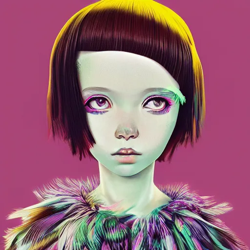 Image similar to little girl with an eccentric haircut wearing an dress made of feathers, artwork made by ilya kuvshinov and hirohiko araki