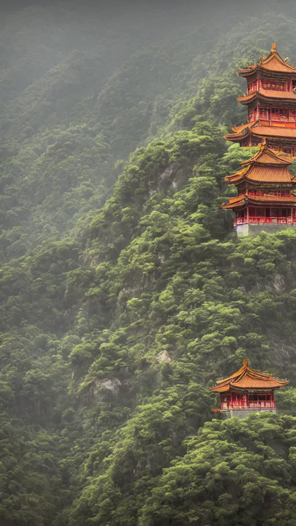 Image similar to ancient Chinese temples on the mountain in the distance,highly detailed,high resolution,cinematic lighting