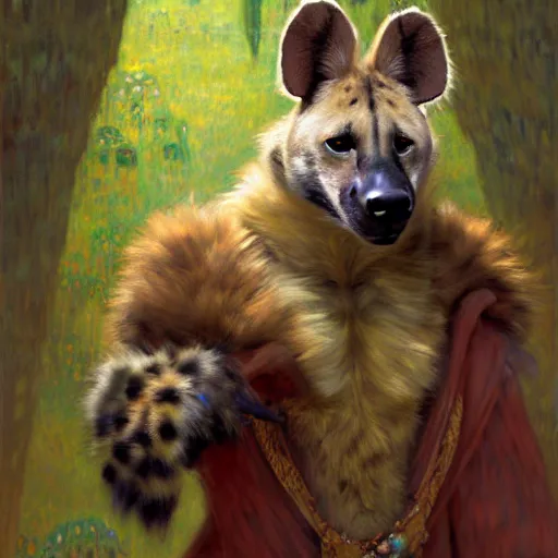 Image similar to a cinematic shot of a female hyena hyenawoman canine in wizard robes. zootopia fursona furaffinity furry art detailed face painting by gaston bussiere craig mullins jc leyendecker gustav klimt artgerm greg rutkowski furry