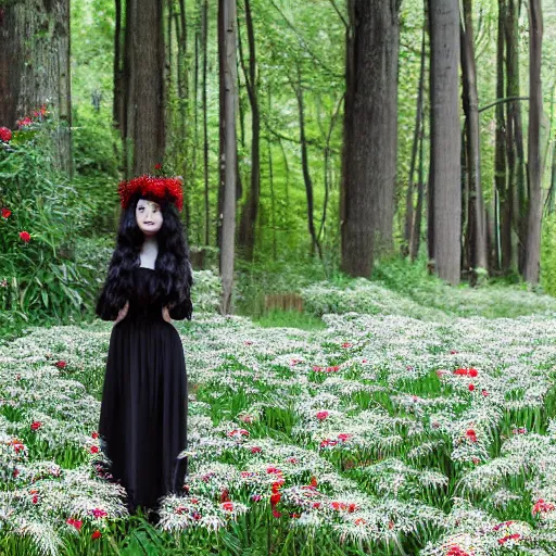 Image similar to black haired girl in victorian clothing surrounded in a forest full of red spider lily flowers on a semi-cloudy day