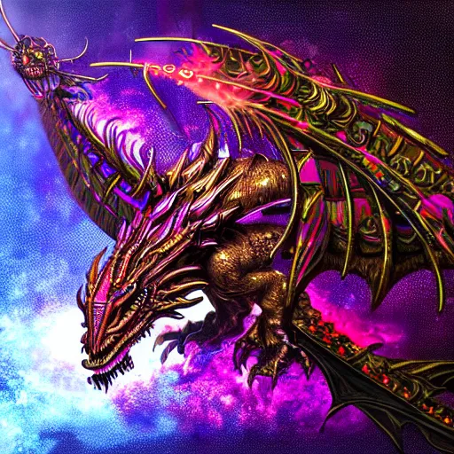 Image similar to cyberpunk dragon made of psychedelic particle effects breathing a flame of clockwork and gears, high detail, glossy finish