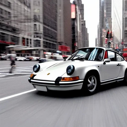 Image similar to photo of a porsche 9 1 1 9 6 4 speeding through nyc, cinematic, motion blur