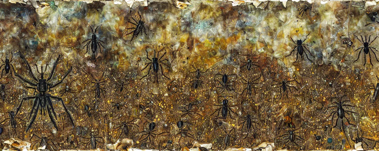 Image similar to strange giant insects, beetles, spiders and flies, swarming in a cornfield, oil painting by max ernst and anselm kiefer, decay, mixed media, textured, sharp focus, highly detailed, photographic emulsion cracked and peeling, rust, cinematic lighting, 8 k, hd