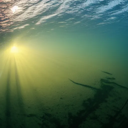 Image similar to ultrawide shot backlit ploughing the seabed underwater