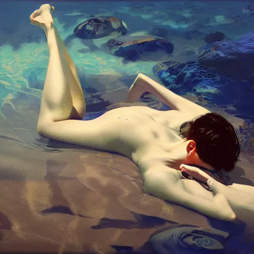 Prompt: high angle picture of an elegant man relaxing in crystal waters, extremely beautiful and aesthetic and detailed, abstract geometey, with familiar sprites, chiaroscuro, intricate, masterpiece, fantasy illustrations by ilya kuvshinov and jeremy lipking and quentin mabille