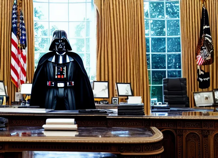 Image similar to film still of Darth Vader is president of the United States sitting in the Oval Office in the new Star Wars movie, 4k