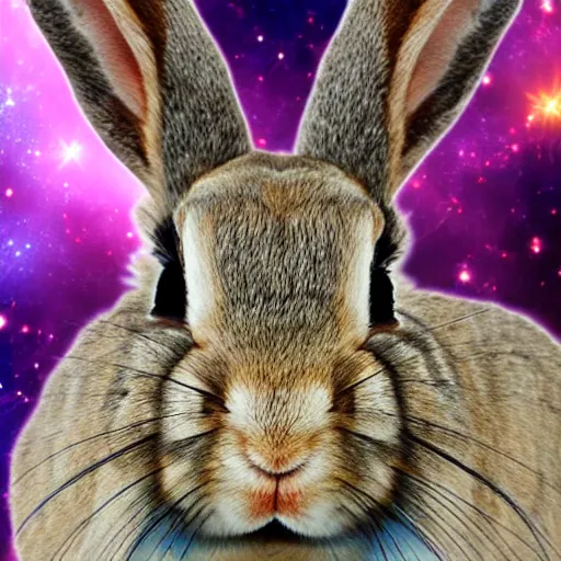 Prompt: rabbit's face only, frontal view, higher realistic, nebula space background