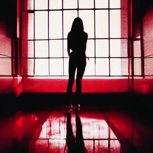 Prompt: she sees her own shadow outlined in red light along the floor below her