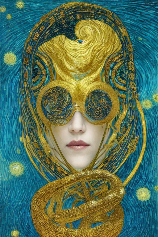 Image similar to Hatsune Miku with golden hair by Karol Bak, Jean Deville, Gustav Klimt, and Vincent Van Gogh, portrait of a sacred serpent, Surreality, otherworldly, fractal structures, arcane, ornate gilded medieval icon, third eye, spirals