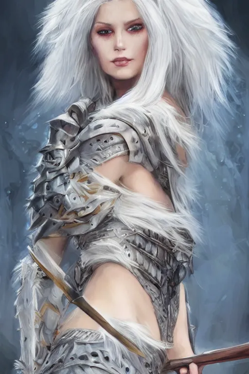 Prompt: beautiful portrait of a gorgeous female barbarian with white hair, pale blue eyes, looking at camera, D&D, fur cape, full body plated armor, long wild spiky hair, cocky smirk, intricate outfit, elegant, stylish, fantasy, dark fantasy, epic fantasy, extremely detailed, digital painting, artstation, concept art, HD, 8k, smooth, sharp focus, illustration, stunning lighting, art by artgerm and greg rutkowski and alphonse mucha and simon stalenhag, fully clothed, fully dressed