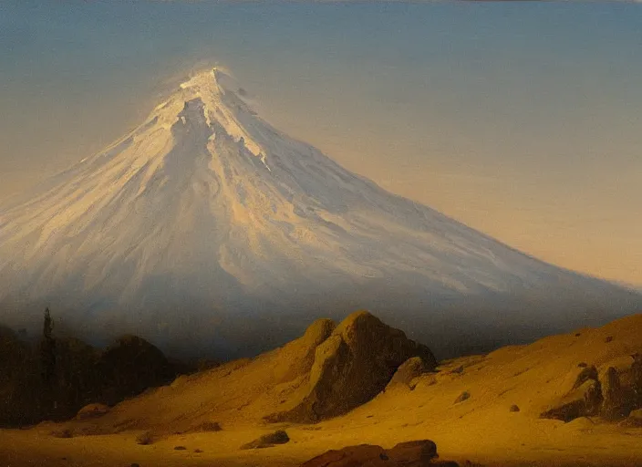 Image similar to mt. ruapehu, new zealand in the style of hudson river school of art, oil on canvas