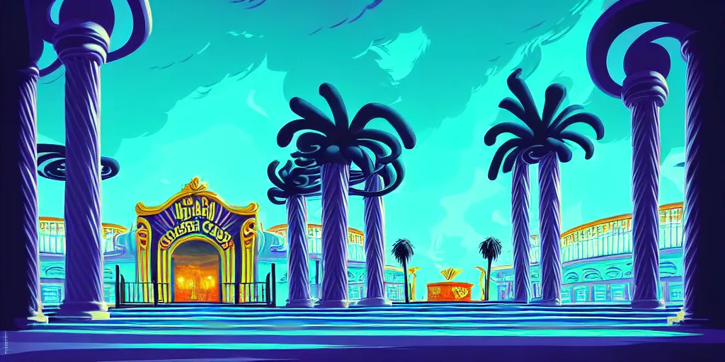 Prompt: curled perspective digital art of curly clouds entrance to the casino with marble columns and palm trees by anton fadeev from nightmare before christmas
