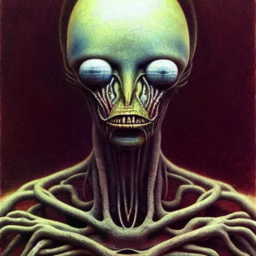 Image similar to alien man, full body, portraiture, painted by Beksiński, oil painting, intricate details