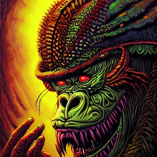 Image similar to barong family member, wiwek, mara demon, one single tribe member, jungle, one single mask, dark, ancient warrior, gorilla, lizard, tribal, inner glow, art by dan mumford and justin gerard