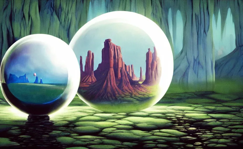 Prompt: a scary hyperrealist painting of a tribal elder in a giant transparent forcefield crystal ball from howl's moving castle ( 2 0 0 4 ) in a flooded monument valley stonehenge jungle. depth perception, 4 k, artstation, in the style of studio ghibli