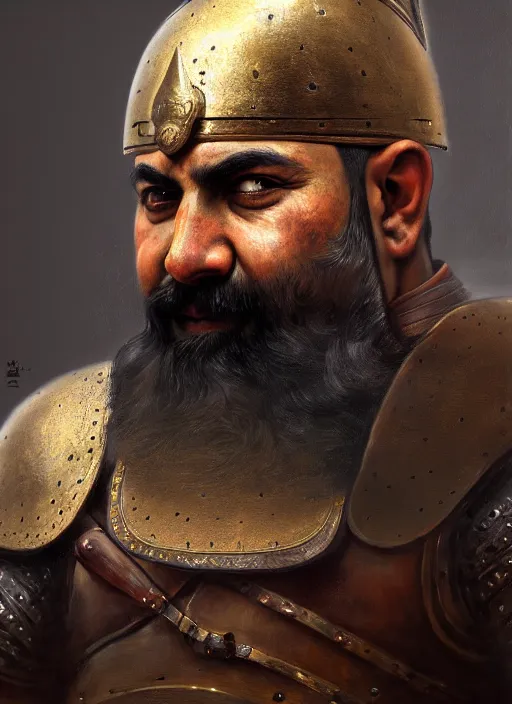 Prompt: portrait of the ancient persian immortal heavy infantry warrior, detailed realism face in painting, detailed beautiful portrait, oil painting masterpiece, 8 k resolution, smooth, sharp focus, trending on artstation, by rembrandt