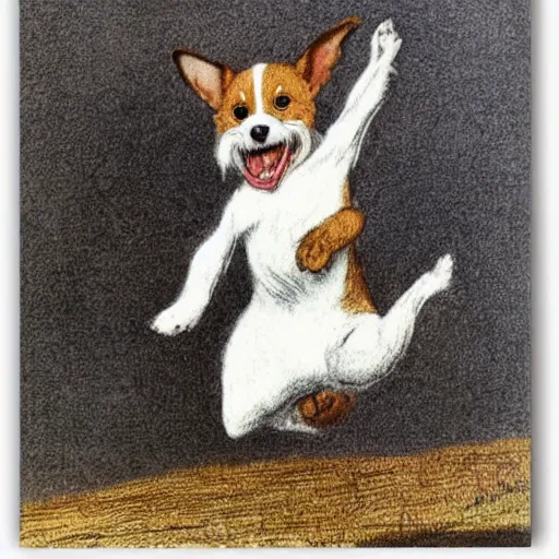 Prompt: portrait of a happy smiling jack russel terrier jumping, closeup, illustrated by peggy fortnum and beatrix potter and sir john tenniel