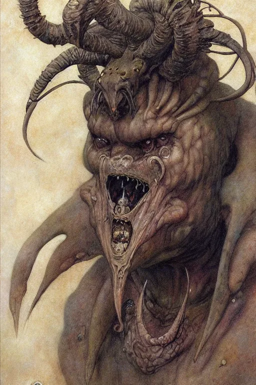 Prompt: a portrait of goetoc demon bune by wayne barlowe, gustav moreau, goward,  Gaston Bussiere and roberto ferri, santiago caruso, and austin osman spare, ((((occult art))))