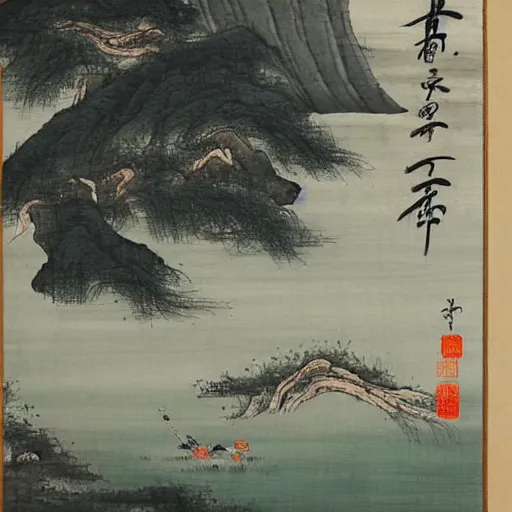 Prompt: lao tzu meditates beside a river, traditional chinese painting,