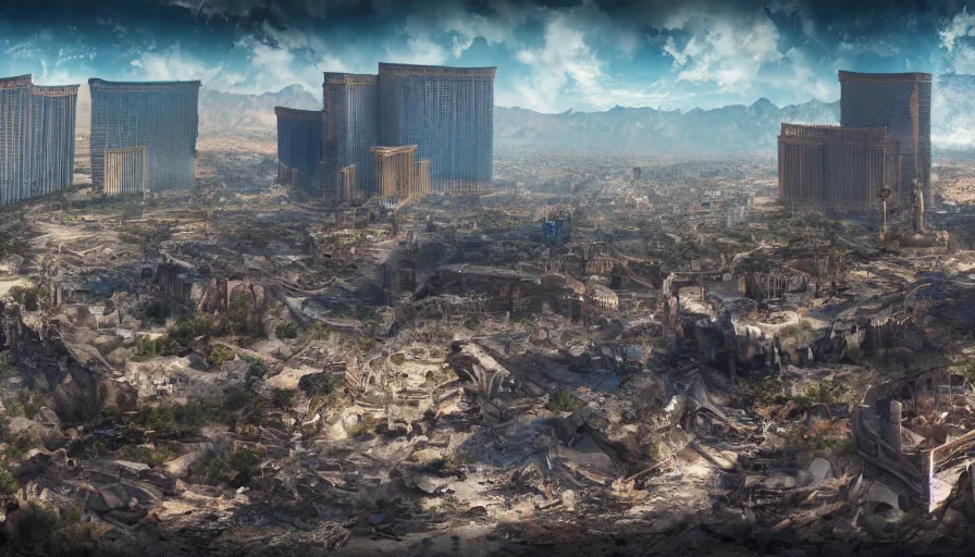 Prompt: panorama of las vegas ruins, hyperdetailed, artstation, cgsociety, 8 k