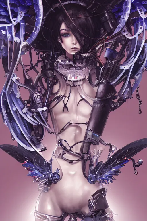 Image similar to Beautiful pale warhammer 40000 goth anime girl with mechanical wings and many wires, masterpiece 4k digital illustration by Artgerm, ghibli, Makoto Shinkai, highly detailed, trending on artstation, pixiv, award winning,