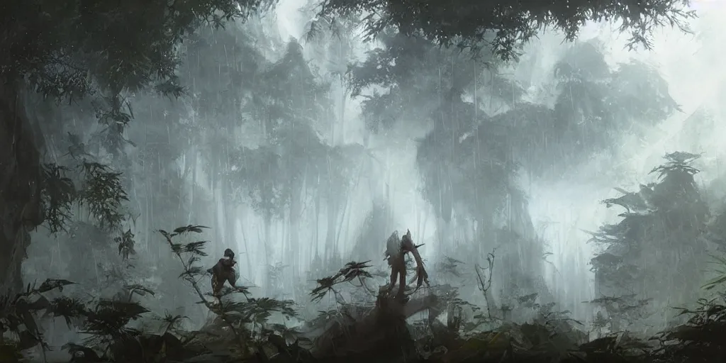 Prompt: hyper realistic yasuo the ancient swordsman gazing upon the world he has created while its raining in a bamboo forest, greg rutkowski, brom, james gurney, mignola, craig mullins, alan lee