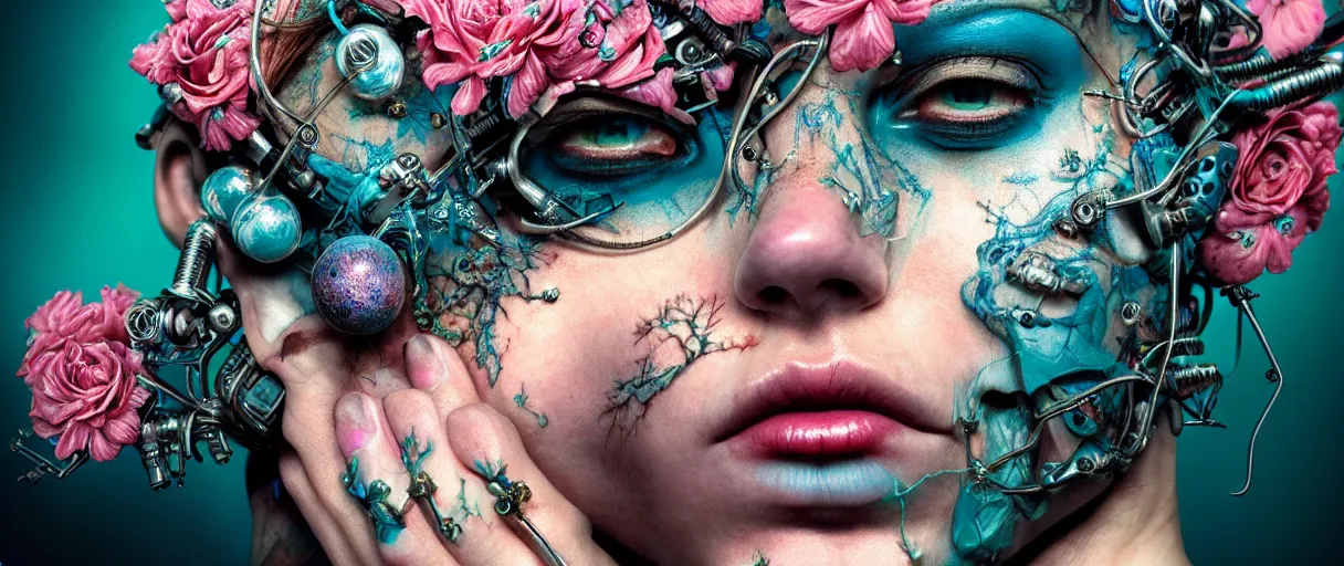 Image similar to hyperrealistic hyper detailed neo-surreal close-up 35mm side portrait of cyborg covered in rococo flower tattoos matte painting concept art hannah yata very dramatic dark teal lighting low angle hd 8k sharp shallow depth of field