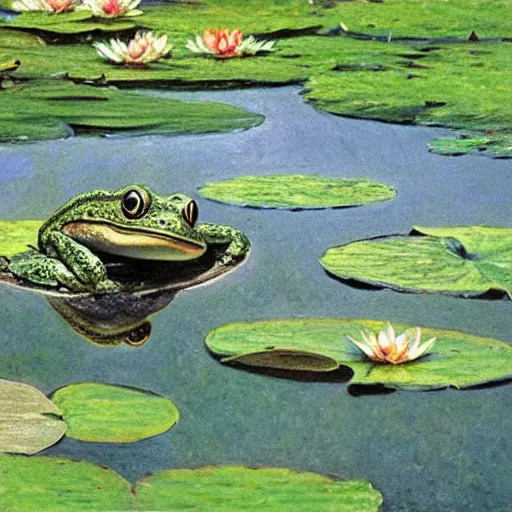 Image similar to !!! sticker!!! a frog in the water lily, white background, highly detailed, digital art, matte painting, sharp focus, matte painting, by isaac levitan, monet, asher brown durand,