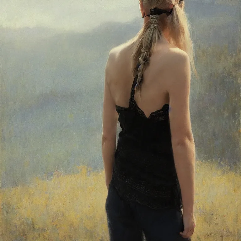 Prompt: blonde girl, pigtail braids, back view, black lace camisole, shoulder tattoo, dramatic light, jeremy lipking, joseph todorovitch
