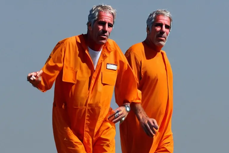 Image similar to jeffrey epstein in an orange jumpsuit, flying a private jet made of gold