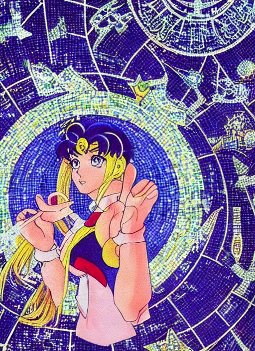 Prompt: perfectly centred portrait of sailor moon, looking in the mirror, in a business suit, futuristic, highly detailed, sharp focus, byzantine mosaic