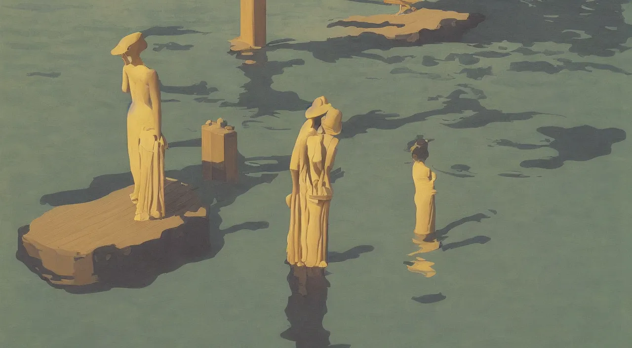 Image similar to single flooded! simple wooden water statue, very coherent and colorful high contrast!! masterpiece by rene magritte simon stalenhag carl spitzweg syd mead norman rockwell edward hopper james gilleard, minimalist, dark shadows, sunny day, hard lighting