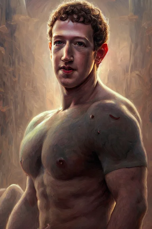 Image similar to portrait of mark zuckerberg as a hulking herculean demon, forest, godlike, full body, fantasy, intricate, elegant, highly detailed, digital painting, artstation, concept art, sharp focus, illustration, art by artgerm and greg rutkowski and alphonse mucha