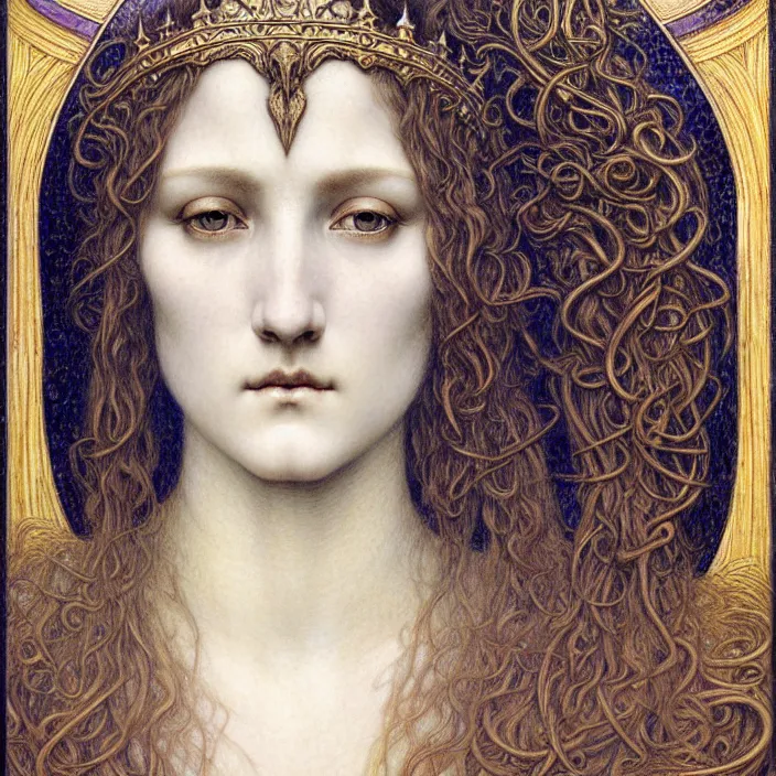 Image similar to detailed realistic beautiful young medieval queen face portrait by jean delville, gustave dore and marco mazzoni, art nouveau, symbolist, visionary, gothic, pre - raphaelite. horizontal symmetry