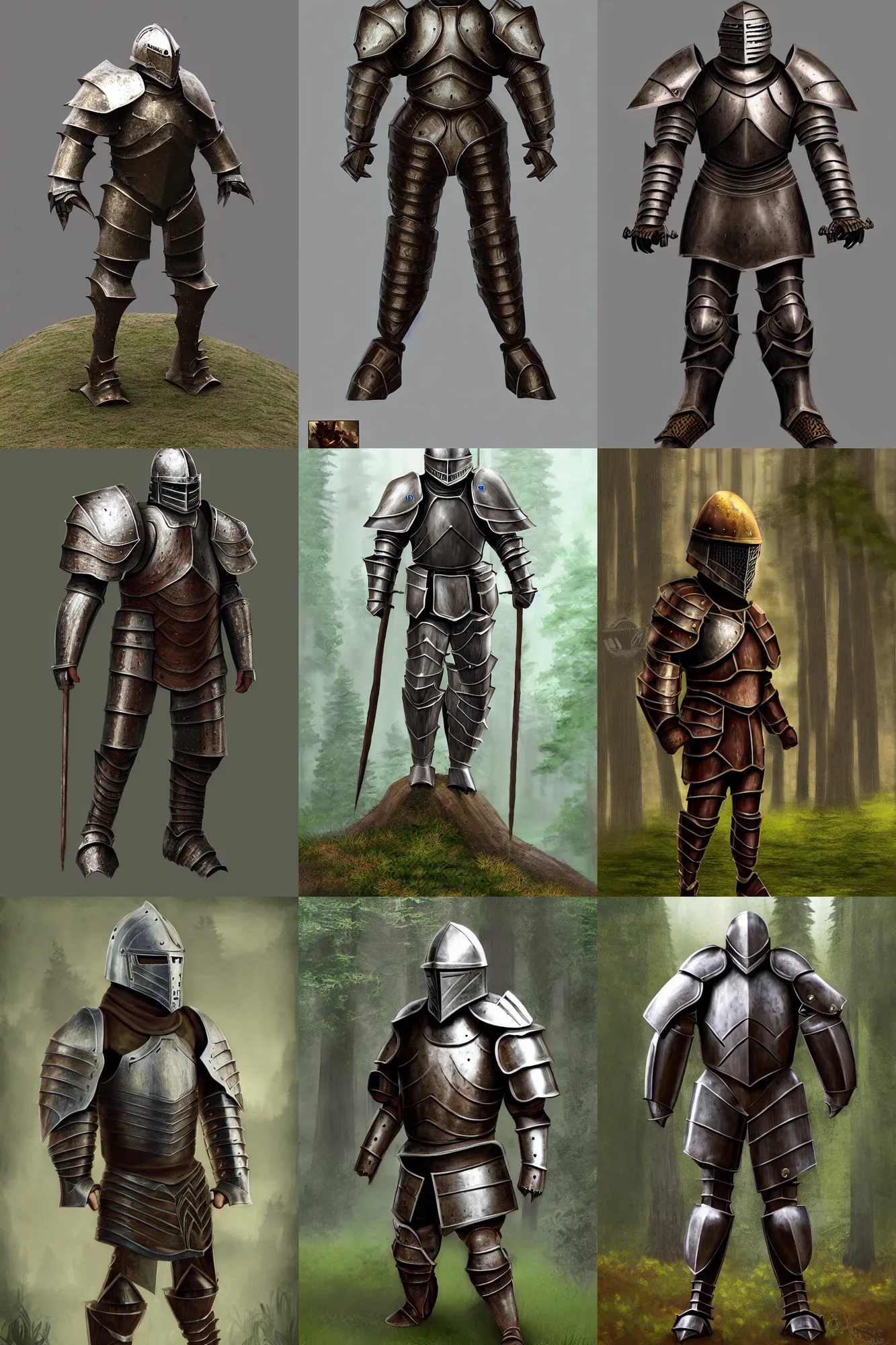 Prompt: Armored Knight, redwood forest themed armor, helmet, bulky, thick, male, redwood background, matte painting