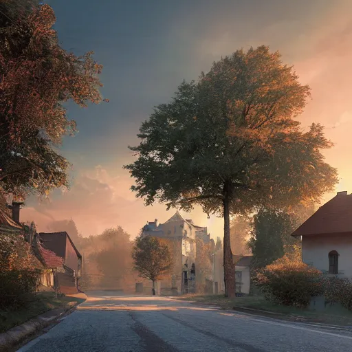 Image similar to a beautiful hyper realistic photo of banska stiavnica in summer with old houses and trees in sunset, sky, one cat crossing road, unreal engine, by greg rutkowski and james gurney, artstation