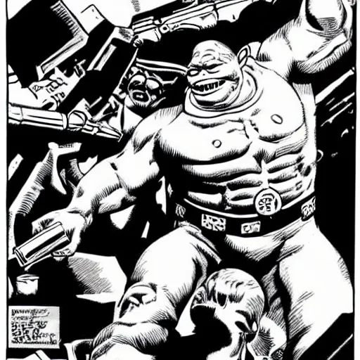 Image similar to terminator killing shrek, illustration by Jack Kirby