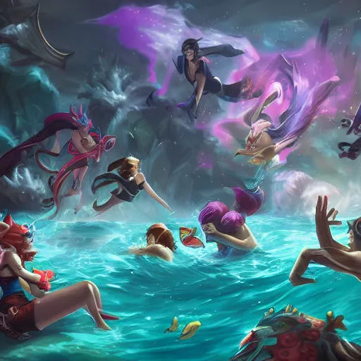 Image similar to league of legends splash art swimming in pool by bo chen