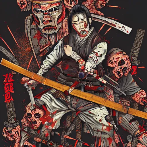 Image similar to artistic drawing of a samurai gunslinger fighting a horde of zombies, gruesome, bloody, highly detailed, western, hyper realistic